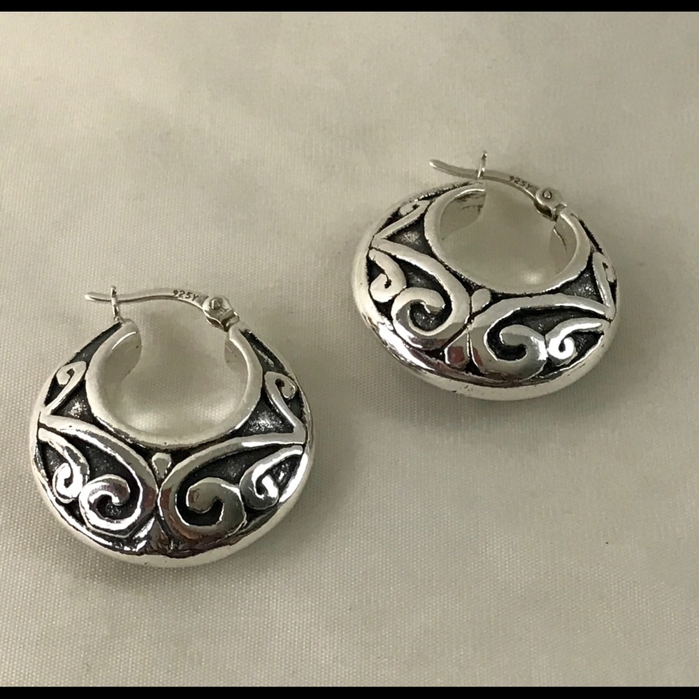 Sterling .925 Silver Etched 1” Hoop Earrings-NEW